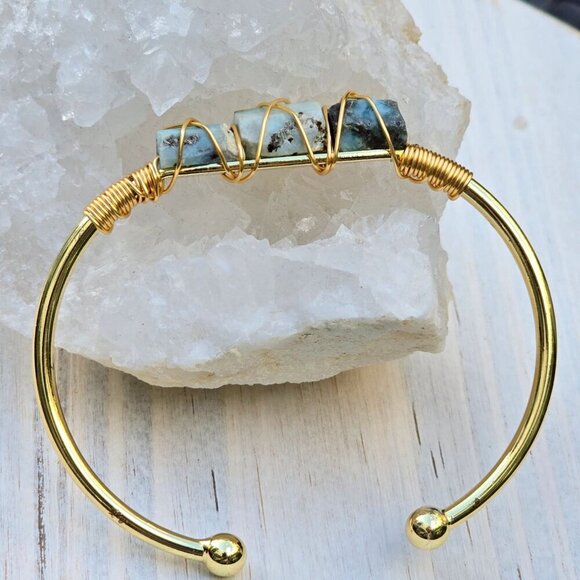 Larimar ✦ Wire Wrap Cuff ✦ 14Kt Gold Over Copper w/ Ocean Calm & Peace Talisman - Picture 6 of 12